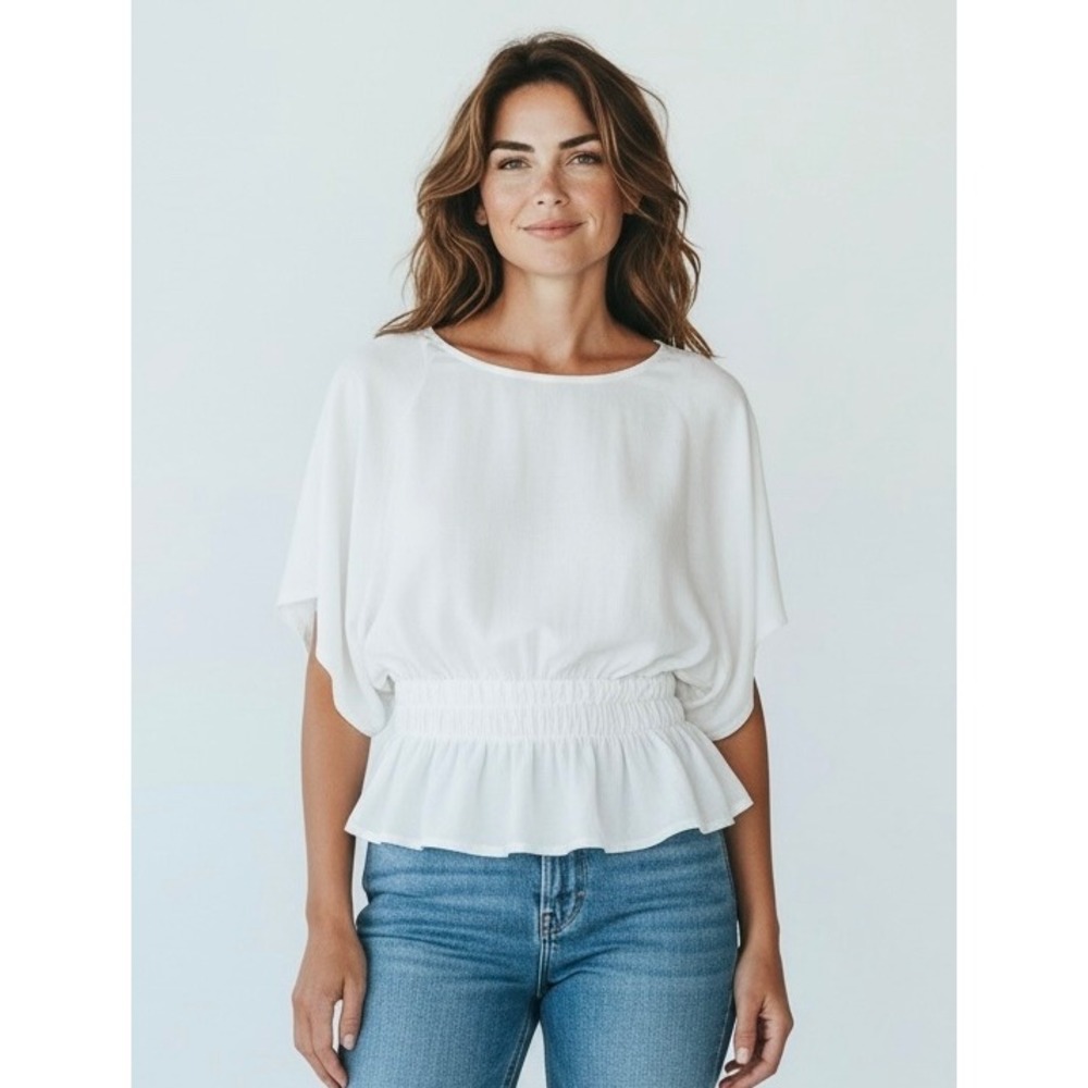 Persaya XL White Smocked Waist Peplum Blouse Short Dolman Sleeve Coquette Chic